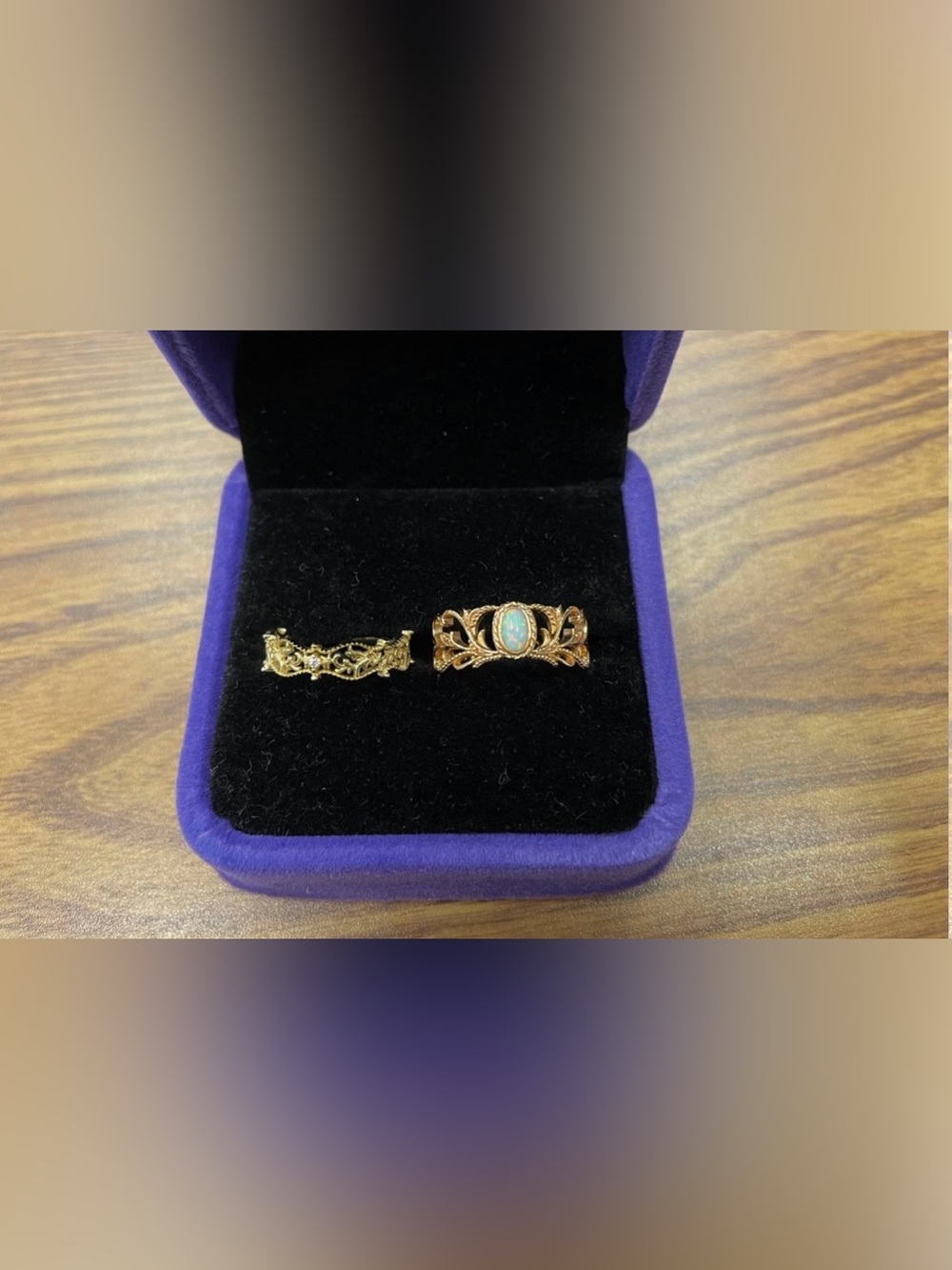 Gold Filigree Ring with Blue Opal Center 2pc